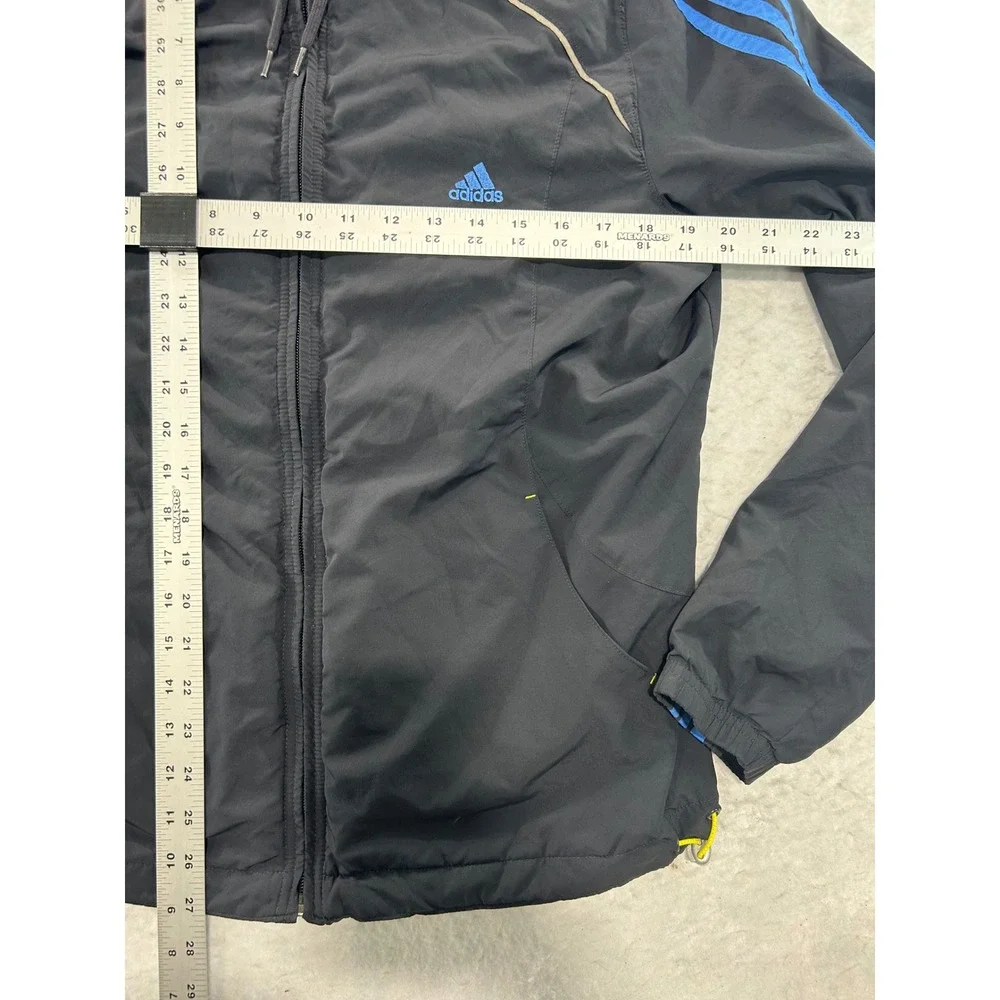 Adidas Mens Black Blue Stripe Hooded Windbreaker Full Zip Jacket Large